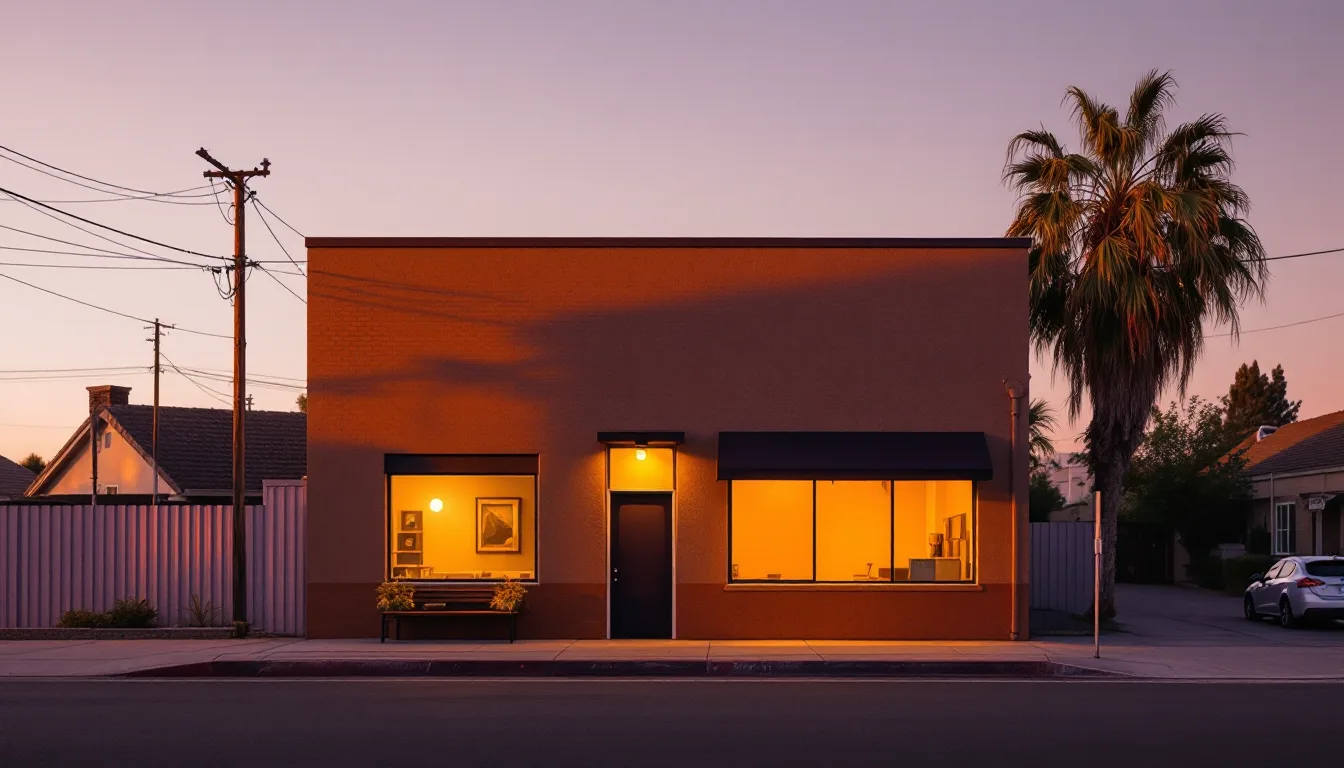 The Soundclave studio building on Austin Ave at golden hour