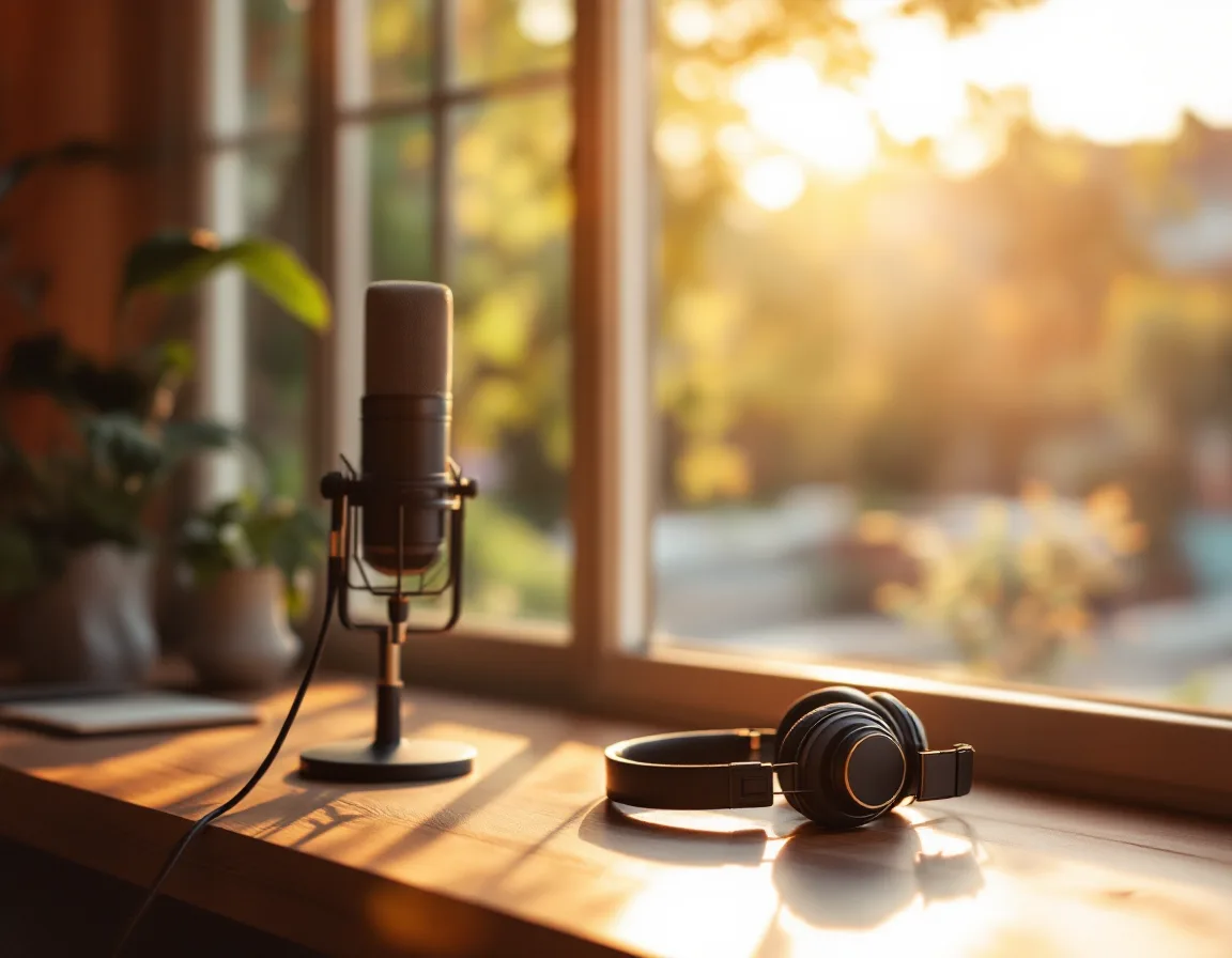 A studio microphone catching late-afternoon light